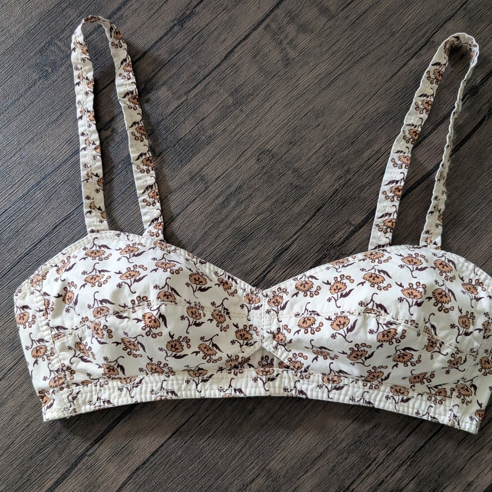 Tory Burch Dandelion Print Cotton Bra Top Cream Brown Size 2